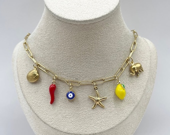 Stainless Steel Charm Necklace Red Chili Pepper Starfish Greek Eye Clam Lemon Elephant Charm
