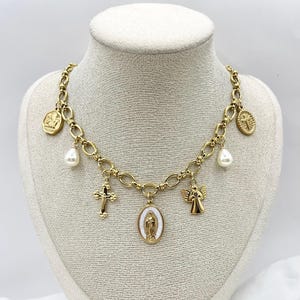 Vintage Stainless Steel Virgin Mary Cross Christian Angel Charms Necklace Baptism Birthday Christmas Gift