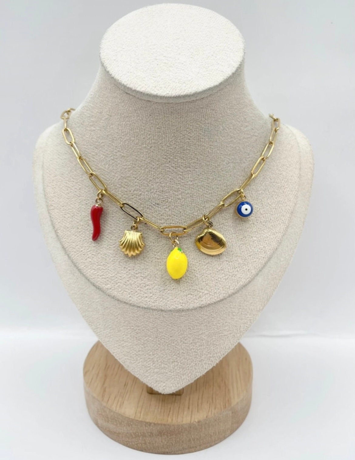 Trendy Lemon Shell Clam Evil Eye Red Pepper Stainless Steel Charm Necklace