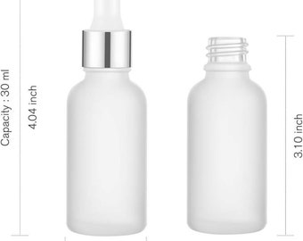 May include: Two frosted glass bottles. One has a dropper with a silver collar and a white tip. The other bottle is empty. The dropper bottle is 10.26 cm tall, 3.28 cm wide, and has a capacity of 30 ml.