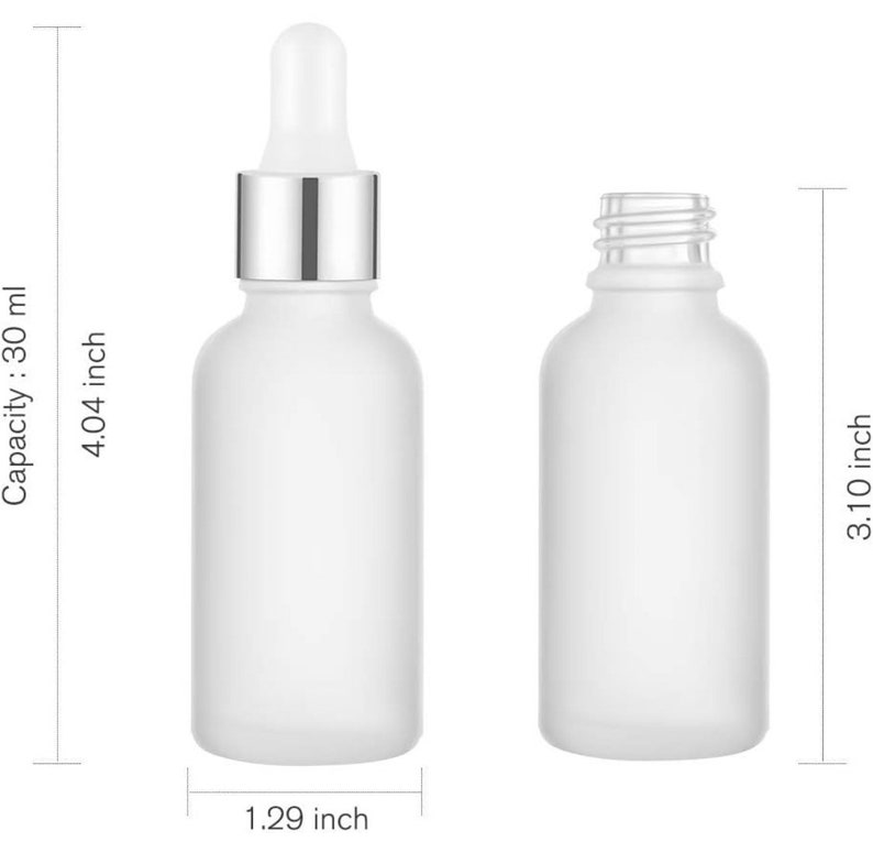 May include: Two frosted glass bottles. One has a dropper with a silver collar and a white tip. The other bottle is empty. The dropper bottle is 4.04 inches tall, 1.29 inches wide, and has a capacity of 30 ml.