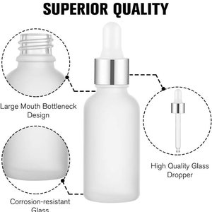 May include: A white frosted glass bottle with a silver collar and a glass dropper. The image highlights the large mouth bottleneck design and corrosion-resistant glass. Text reads "SUPERIOR QUALITY".