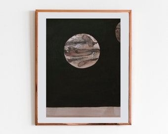 Minimal Landscape Original Art, Moon Ink Drawing, Planet Wall Art, Desert at Night, Dark Landscape Wall Decor
