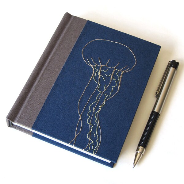 Lined Journal - Handbound - Embroidered Jellyfish - Writer Gift - Blue Journal