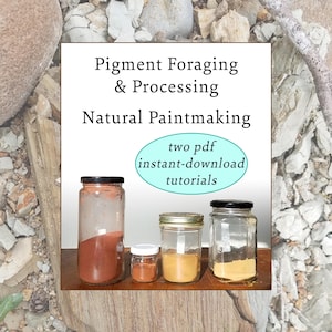 May include: Image of four glass jars with black lids and filled with different colored pigments. The text on the image reads "Pigment Foraging & Processing Natural Paintmaking" and "two pdf instant-download tutorials."