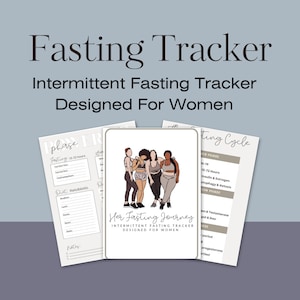 Peut inclure: Un suivi de jeûne intermittent imprimable conçu pour les femmes. Le suivi présente une illustration colorée de quatre femmes en tenue de sport. Le texte "Her Fasting Journey" est présenté sur le suivi.