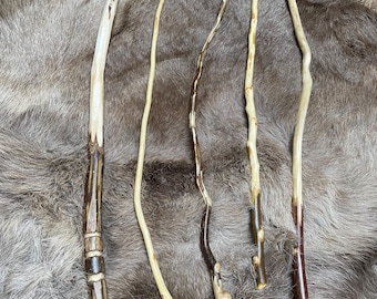 Hand Whittled Wooden Wands: Hazel, Hawthorn, Walnut with Stand & Wool Bag