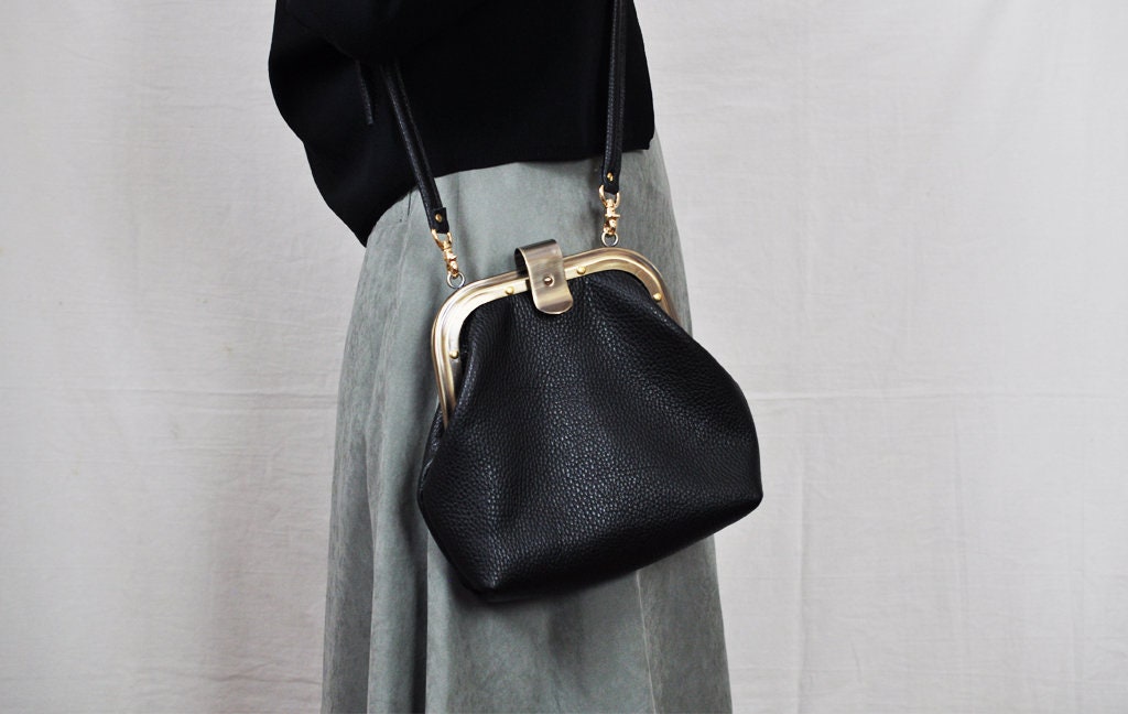 バッグ GAMAGUCHI SHOULDER - BLACK Leather Gamaguchi 2 Way Bag, Black or Camel Brown 2 Way Short