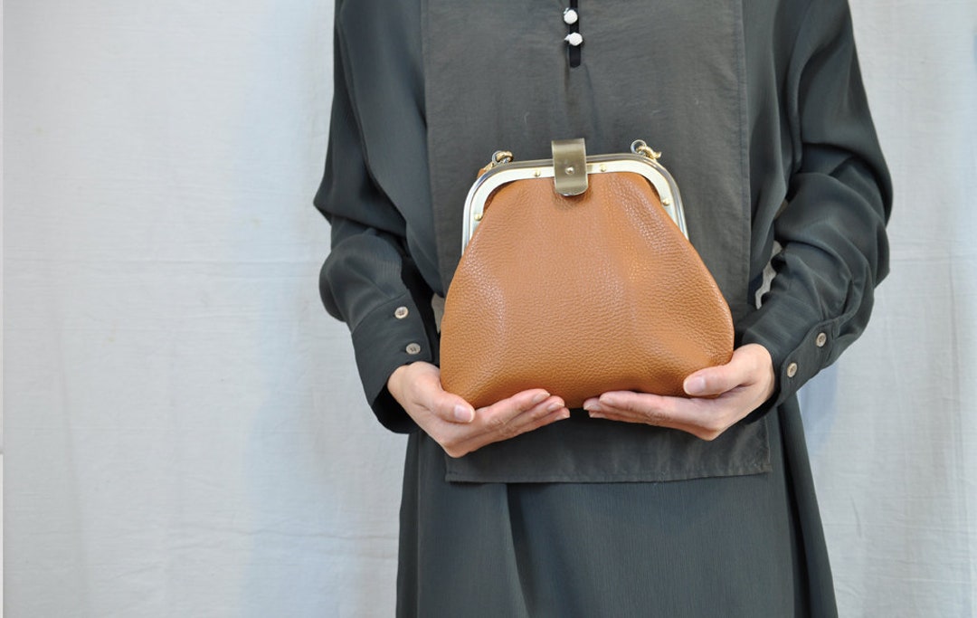 Leather Gamaguchi 2 Way Bag, Black or Camel Brown 2 Way Short