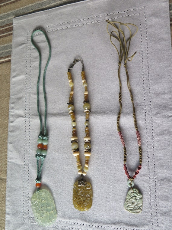 3 Vintage Asian Style Beaded Pendant Necklaces Ad… - image 1