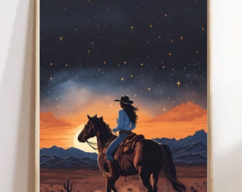 Cosmic Cowgirl Horse Art Print: Retro Western Desert Poster
