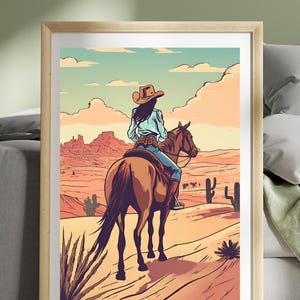 Retro Cowgirl Art Print - Vintage Style Horse Riding Wall Decor - Retro Western Poster - Country Home Decor - Gift for Cowgirl Lovers