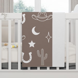 Western Fleece Baby Blanket, Soft Cowboy Design, Brown and White, Cute Nursery Lovey, Gender Neutral Baby Shower Gift