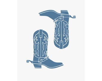 Cowboy Boot Art - Blue Minimal Cowgirl Boot Print - Western Decor - Rustic Matte Vertical Posters