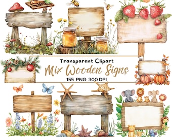 Paquete de 155 imágenes prediseñadas PNG de letreros de madera, letrero rústico de granja PNG, tablas de madera de temporada, letreros florales de playa y bosque, imágenes prediseñadas de letreros editables en blanco