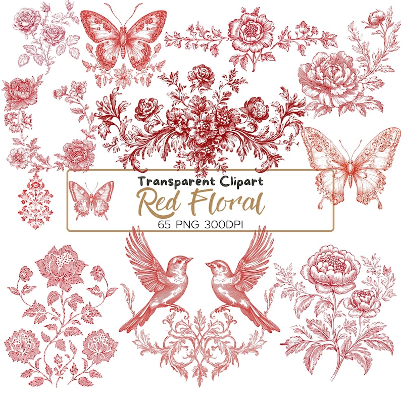 May include: A set of 65 red floral and bird clip art images. The images are in a vintage style and feature butterflies, birds, flowers, and ornate designs. The images are transparent PNG files at 300 DPI.