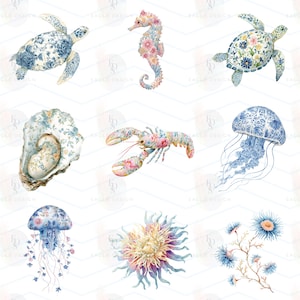 May include: A collection of nine watercolor illustrations featuring marine life including sea turtles, a seahorse, an oyster shell, a lobster, jellyfish, and sea anemones, all decorated with intricate blue and pink floral patterns on a white background.