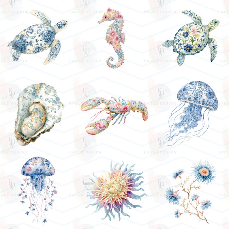 May include: A collection of nine watercolor illustrations featuring marine life including sea turtles, a seahorse, an oyster shell, a lobster, jellyfish, and sea anemones, all decorated with intricate blue and pink floral patterns on a white background.