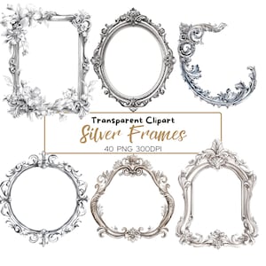 40 PNG SILBER Rahmen, Antiker Rahmen, Clipart, Transparent Clip Art, Bündel, digital transparent, Blumen, Hochzeitseinladung, Rahmen