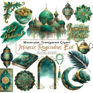 Puede incluir: Conjunto de imágenes prediseñadas de acuarela con elementos islámicos de Ramadán Eid. Incluye una mezquita, linternas, una luna creciente, una tetera y un cuenco de dátiles. La paleta de colores es verde azulado, dorado y verde. El texto incluye "Eid Mubarak" y "Ramadan Kareem".