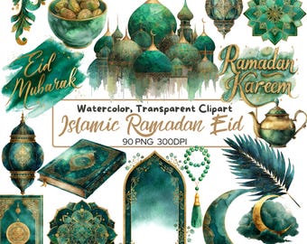 Pacchetto di 90 clipart in formato PNG con acquerelli islamici in oro e verde / Clipart per Ramadan ed Eid / Moschea di lusso, lanterna, mezzaluna, decorazioni arabe. Corano