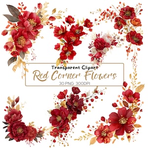 30 png rood goud aquarel hoekrand BLOEMEN clip arts, rode bordeaux gouden bruiloft bloemen, aquarel bloemenrand, rood en goud