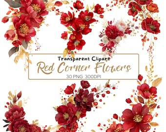 30 PNG  RED Gold Watercolor Corner Border FLOWERS clip arts, Red Burgundy Gold Wedding florals, Watercolor Flower Border, Red and Gold