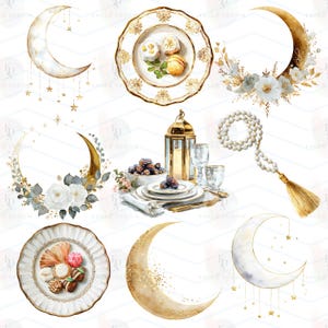 Puede incluir: Ilustraciones en acuarela con lunas crecientes, platos con postres, arreglos florales, una linterna y cuentas de oraci&oacute;n. La paleta de colores incluye oro, blanco y tonos pastel suaves, evocando elegancia y celebraci&oacute;n.