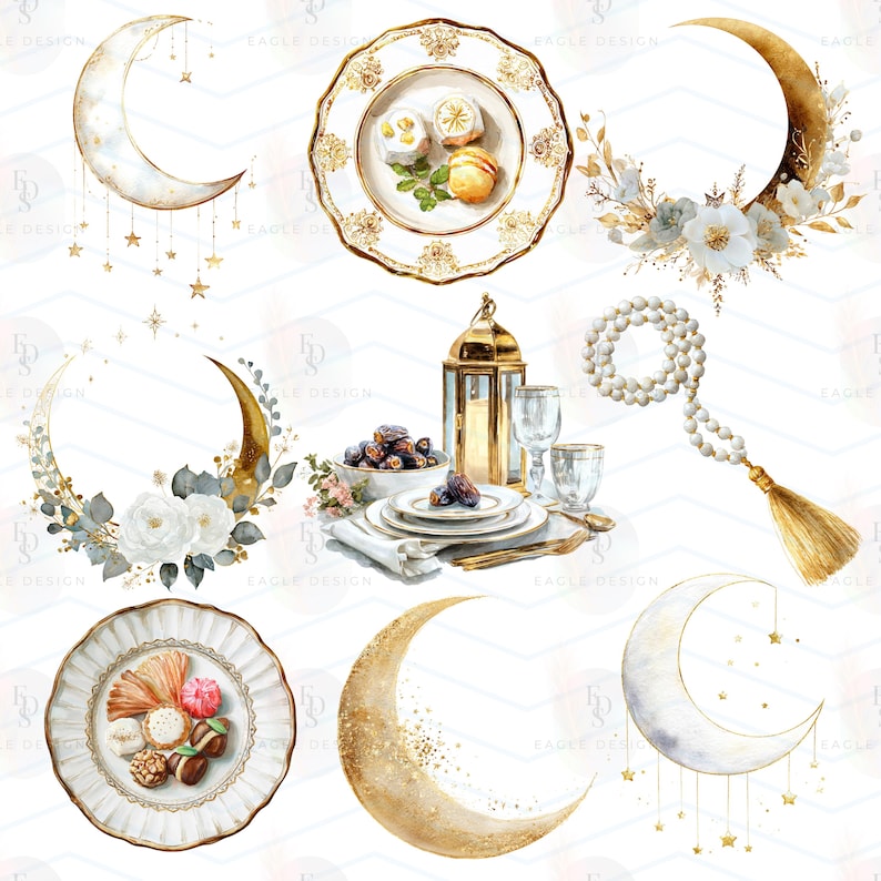 Puede incluir: Ilustraciones en acuarela con lunas crecientes, platos con postres, arreglos florales, una linterna y cuentas de oraci&oacute;n. La paleta de colores incluye oro, blanco y tonos pastel suaves, evocando elegancia y celebraci&oacute;n.