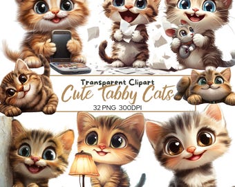 Cute Tabby CATS Clipart Bundle, Cute Cat PNG, Kitten Graphics, Happy Baby Animals, Printable Cartoon Animal, Nursery, Digital