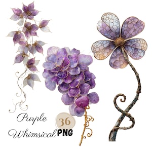 May include: A collection of purple whimsical floral illustrations. The image features a cluster of grapes, a four-petal flower, and a vine with delicate leaves. The text "Purple Whimsical PNG" is also included.