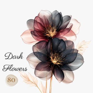 80 PNG ESCURO e dourado aquarela FLORES clip arts (300 dpi, uso comercial, pacote, digital, aquarela, tinta de álcool) contorno dourado