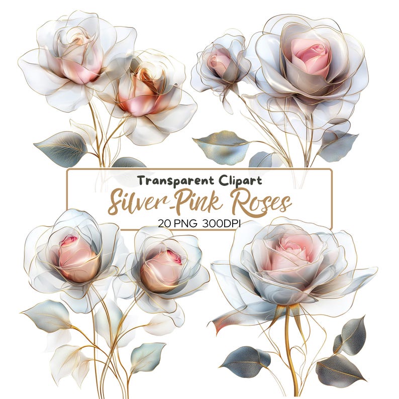 Silver And Pink Roses Silver Pink Roses Clipart: Watercolor Floral PNG Bundle (digital ...