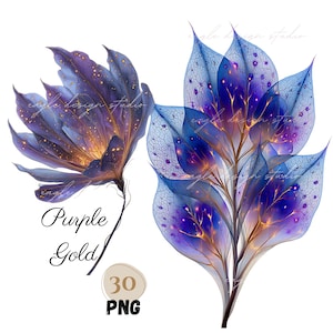 30 PNG clipart de FLORES de Fantasia Roxas e Douradas, Flor Roxa Abstrata Profunda, PNG Floral Roxo, Pétalas Transparentes Translúcidas, Flores Brilhantes