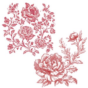 May include: A red floral design with intricate details. The design features several flowers and leaves, all in a delicate, vintage style.