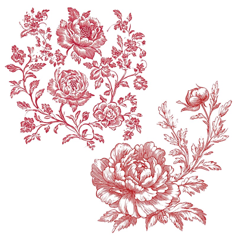 May include: A red floral design with intricate details. The design features several flowers and leaves, all in a delicate, vintage style.