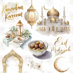 Puede incluir: Ilustraci&oacute;n en acuarela con texto dorado que dice "Ramad&aacute;n Kareem" y "Eid Mubarak". La imagen incluye una mezquita, una linterna colgante, una mesa puesta, un cuenco de d&aacute;tiles y una luna creciente, todo en estilo acuarela.