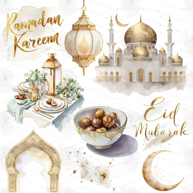 Puede incluir: Ilustraci&oacute;n en acuarela con texto dorado que dice "Ramad&aacute;n Kareem" y "Eid Mubarak". La imagen incluye una mezquita, una linterna colgante, una mesa puesta, un cuenco de d&aacute;tiles y una luna creciente, todo en estilo acuarela.