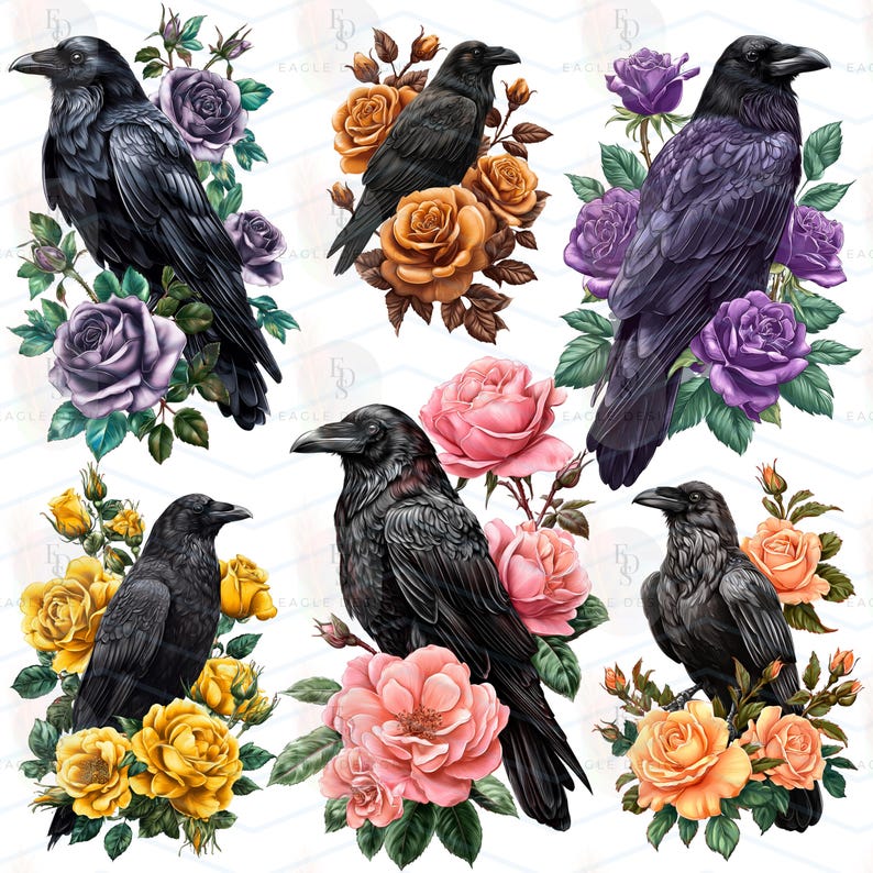 May include: Digital illustrations of black ravens surrounded by roses in various colours. The roses are in shades of purple, yellow, orange, and pink. The ravens are depicted with detailed feather textures.