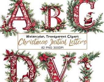 CHRISTMAS Initial Letters Bundle Card Clipart, English Alphabet Letters Clipart, Commercial Use, Initials, Santa Letters, red and green