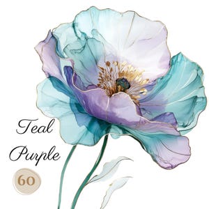 60 imágenes prediseñadas PNG de flores de acuarela en tonos verde azulado y morado (300 ppp, uso comercial, paquete, digital, acuarela, tinta con alcohol) contorno dorado
