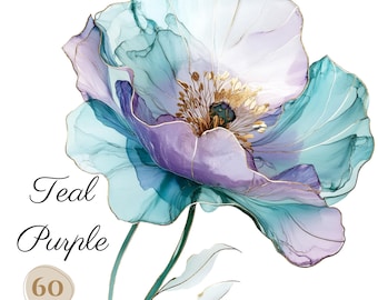 60個のPNGティールと紫の水彩画の花のクリップアート（300 dpi、商用