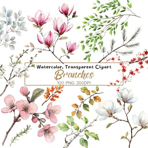 May include: Watercolor clipart of various branches with flowers and leaves. The branches include magnolia, cherry blossom, and pine. The flowers are in shades of pink, white, and red. The leaves are in shades of green, brown, and yellow. The text "Watercolor, Transparent Clipart Branches 100 PNG 300DPI" is in the center of the image.