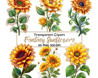 Paquete de 50 imágenes prediseñadas PNG de girasoles, girasoles florales de encaje de fantasía, imágenes prediseñadas de flores amarillas, girasol botánico vintage, flora de verano.