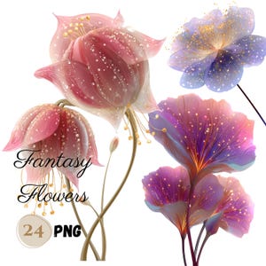 以下が含まれることがあります： ピンク、紫、青の色合いのファンタジーフラワーのコレクション。花は、きらめくアクセントと金色の雄しべを持つ、繊細で半透明の花びらを持っています。「Fantasy Flowers」と「24 PNG」の文字が含まれています。