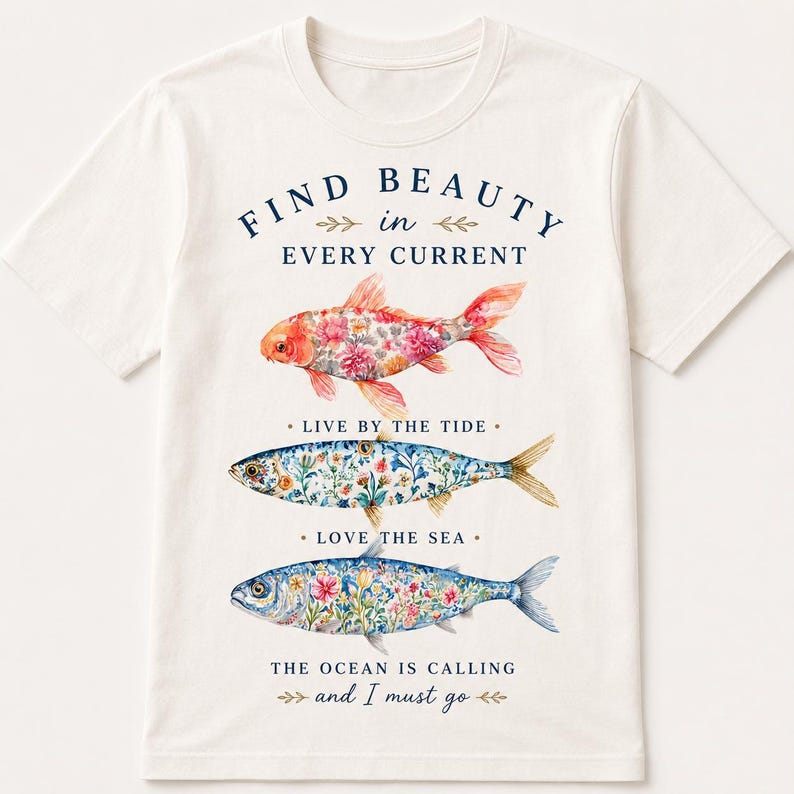 May include: A cream-colored short-sleeve t-shirt featuring three fish illustrations with floral patterns. Text reads: FIND BEAUTY IN EVERY CURRENT, LIVE BY THE TIDE, LOVE THE SEA, THE OCEAN IS CALLING and I must go, all printed in dark blue ink.