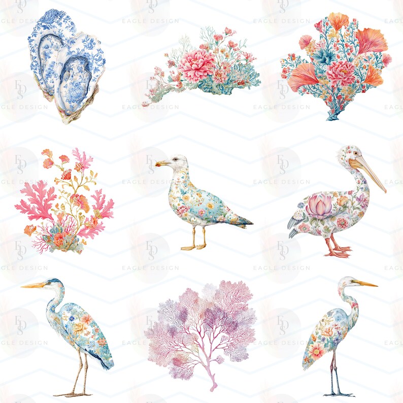 Floral Sea Life Clipart Bundle, Coastal Watercolor Ocean Animals PNG, Nautical Floral Clipart, Jellyfish Crab Lobster Fish Shells, 117 PNG image 16