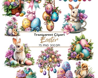 Paquete de imágenes prediseñadas de Pascua en formato PNG, conejitos, huevos y motivos florales en acuarela, ilustración de un lindo conejito y pollito en tonos pastel para primavera, descarga digital transparente.
