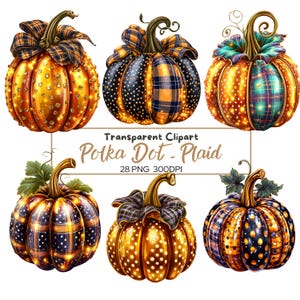 May include: Six decorative pumpkins with plaid and polka dot patterns in orange, gold, and black. Each pumpkin has a unique design, with some featuring a bow and others with leaves. The text "Transparent Clipart Polka Dot - Plaid" is visible.