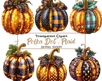 Glowing Polka Dot Plaid Pumpkins Clipart: Fall Graphics (Digital Download)